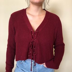 NWT LF Burgundy Cropped Lace-Up Sweater
